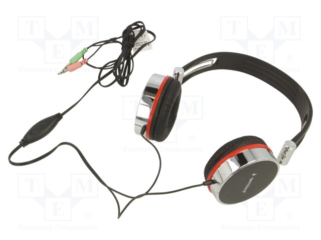 Headphones with microphone; black,red,silver; Jack 3,5mm x2