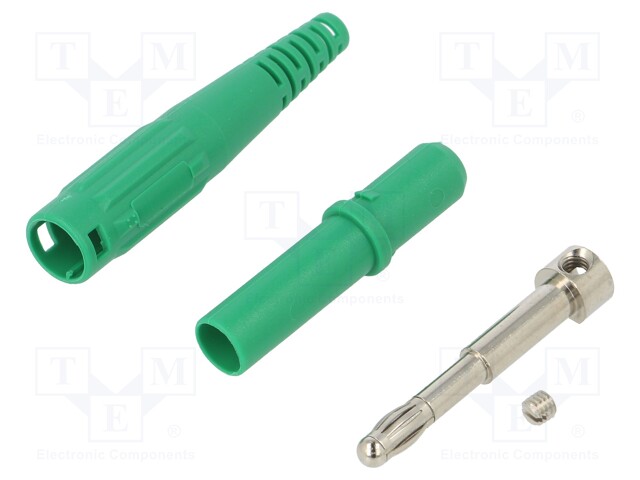 Plug; 4mm banana; 32A; 600V; green; Plating: nickel plated