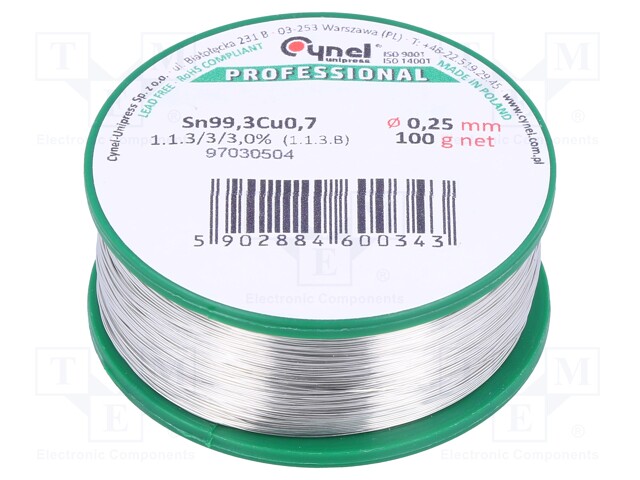 Soldering wire; Sn99,3Cu0,7; 0.25mm; 100g; lead free; 240°C; 3%