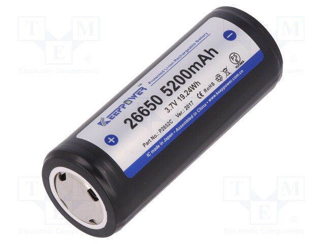 Re-battery: Li-Ion; 26650; 3.7V; 5200mAh; Ø26.5x69.5mm; 10A
