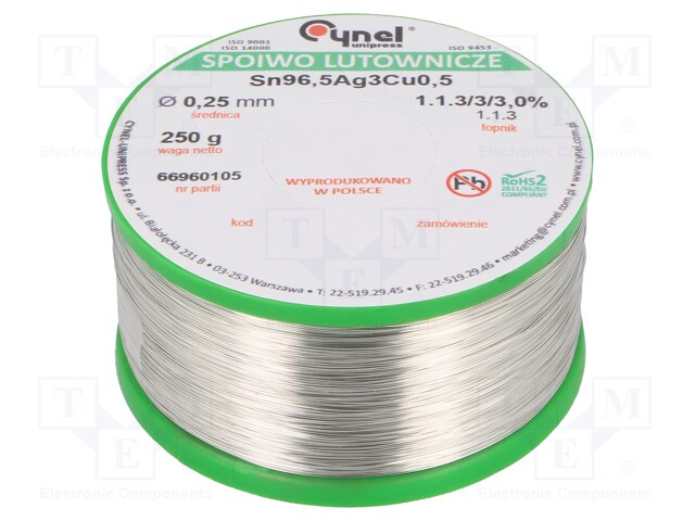 Soldering wire; Sn96,5Ag3Cu0,5; 250um; 250g; lead free; 217÷219°C