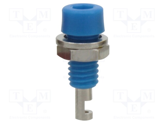 Socket; 2mm banana; 10A; blue; nickel plated; on panel,screw