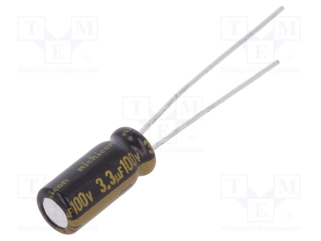 Capacitor: electrolytic; THT; 3.3uF; 100VDC; Ø5x11mm; Pitch: 2mm