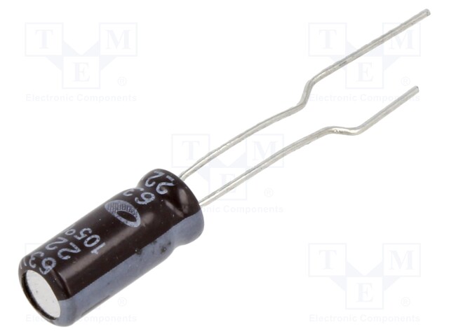 Capacitor: electrolytic; THT; 22uF; 63VDC; Ø5x11mm; Pitch: 2mm; ±20%