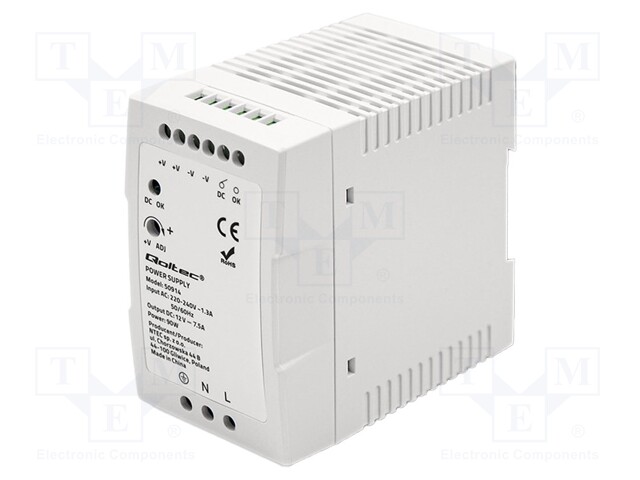 Power supply: switched-mode; 90W; 12VDC; 7.5A; 220÷240VAC; DIN