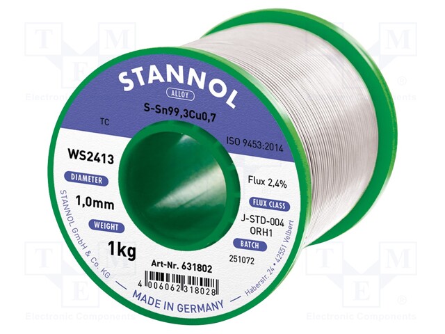 Soldering wire; Sn99,3Cu0,7; 1mm; 1kg; lead free; Package: reel