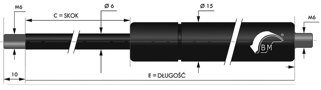 Gas spring; Thread: M6; E: 335mm; Øout: 15mm; Piston diam: 6mm; 150N