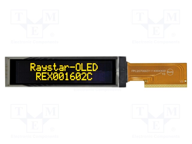 Display: OLED; alphanumeric; 16x2; Dim: 68.5x17.5x2.05mm; yellow