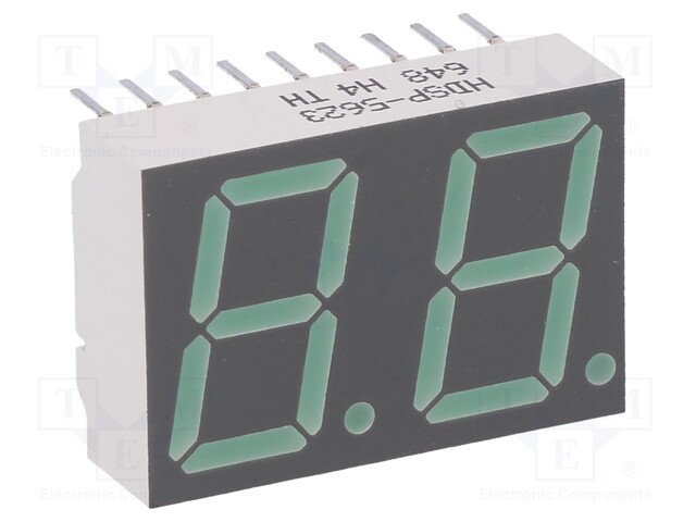 Display: LED; 7-segment; 14.22mm; 0.56"; No.char: 2; green; cathode