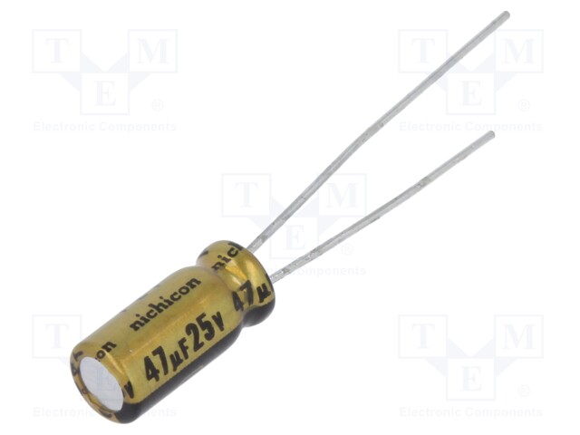 Capacitor: electrolytic; THT; 47uF; 25VDC; Ø5x11mm; Pitch: 2mm; ±20%