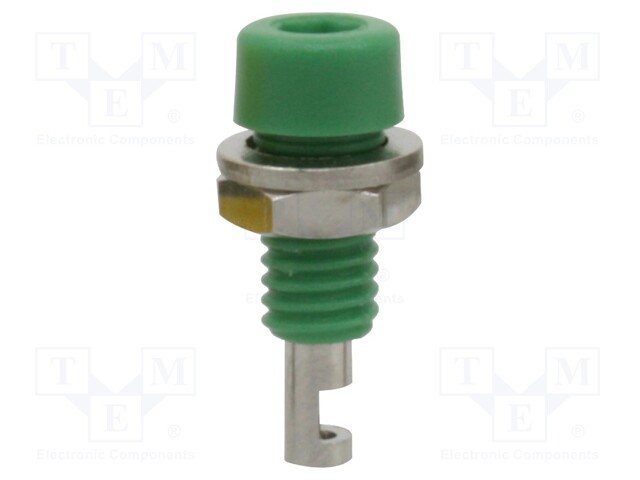 Socket; 2mm banana; 10A; green; nickel plated; on panel,screw