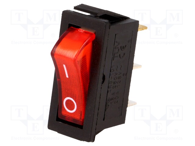 ROCKER; SPST; Pos: 2; OFF-ON; 15A/250VAC; red; neon lamp; 35mΩ