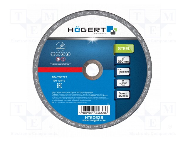 Grinding wheel; Ø: 230mm; Øhole: 22.23mm; Disc thick: 6.8mm; metal