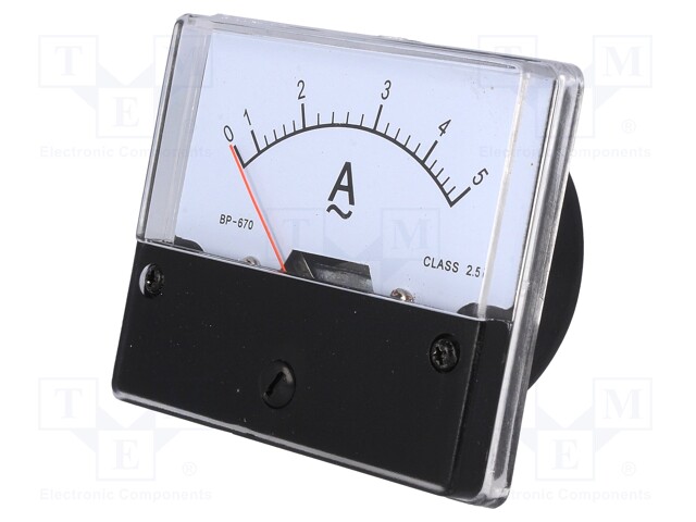 Meter: panel; analogue; 0÷5A; Class: 2,5; Mounting hole: Ø52mm; 79g