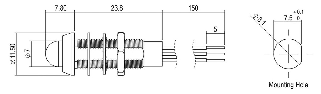 Indicator: LED; prominent; 24÷28VDC; Cutout: Ø8.1mm; IP67; ØLED: 7mm