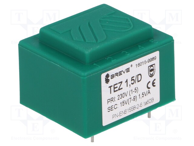 Transformer: encapsulated; 1.5VA; 230VAC; 15V; 100mA; Mounting: PCB