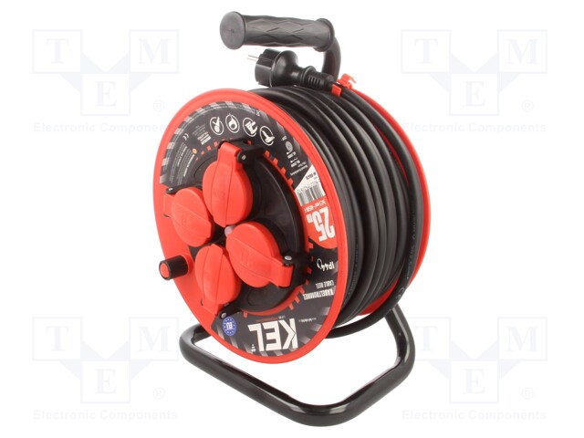 Extension lead; reel; Sockets: 4; rubber; black; 3x2,5mm2; 25m; 16A