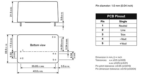 Converter: AC/DC; 15W; Uout: 36VDC; Iout: 417mA; 88%; Mounting: PCB