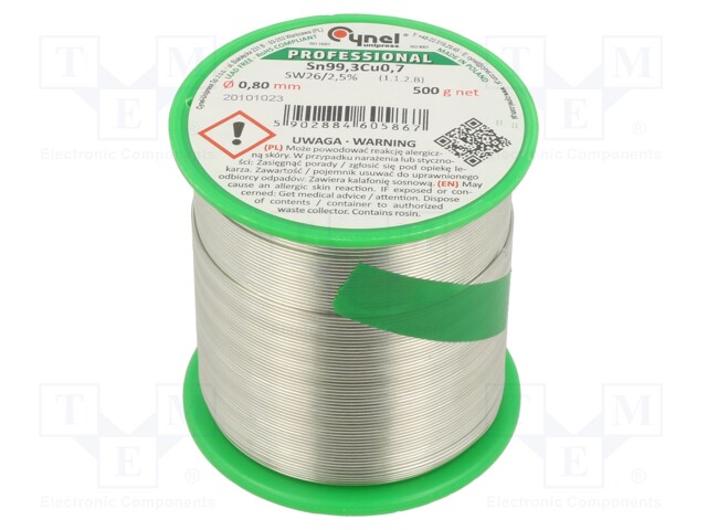 Soldering wire; Sn99,3Cu0,7; 0.8mm; 500g; lead free; Package: reel