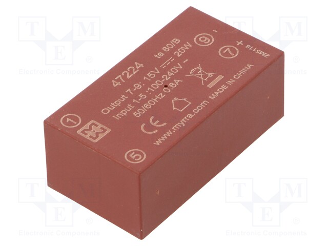 Converter: AC/DC; 20W; Uout: 15VDC; Iout: 1.4A; 85%; Mounting: PCB