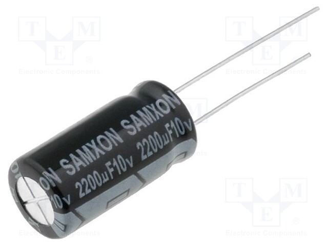 Capacitor: electrolytic; THT; 2200uF; 10VDC; Ø10x20mm; Pitch: 5mm