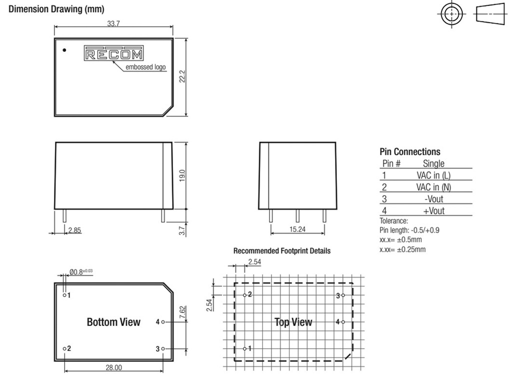 Converter: AC/DC; 2W; Uout: 15VDC; Iout: 140mA; 63%; Mounting: PCB