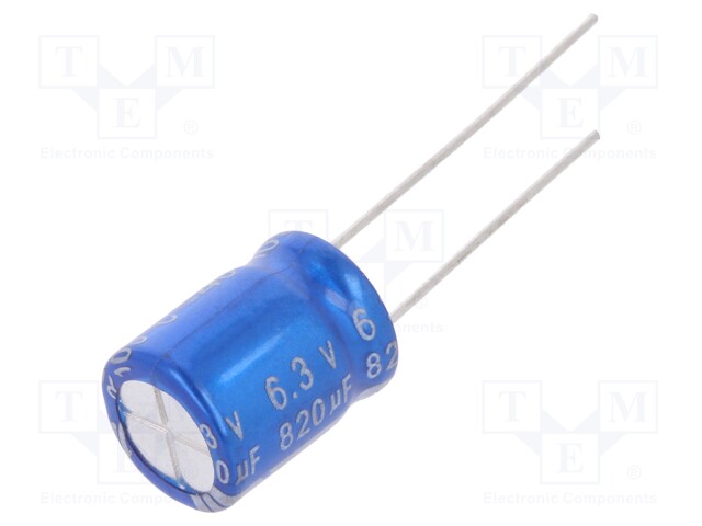 Capacitor: electrolytic; THT; 820uF; 6.3VDC; Ø10x12mm; Pitch: 5mm