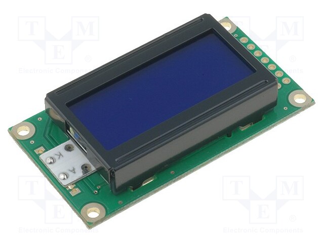 Display: LCD; alphanumeric; STN Negative; 8x2; blue; 58x32x13.2mm