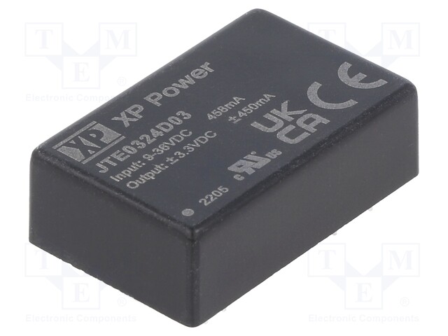 Isolated Board Mount DC/DC Converter, 4:1 Input, ITE, 2 Output, 6 W, 3.3 V, 909 mA, -3.3 V