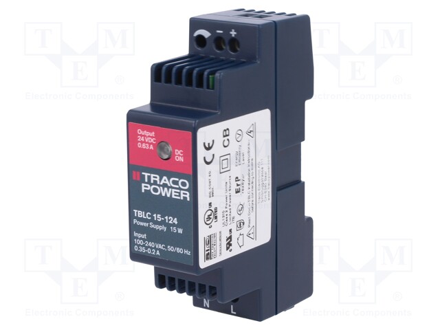 Power supply: switched-mode; 15W; 24VDC; 24÷28VDC; 0.63A; 80g; 85%