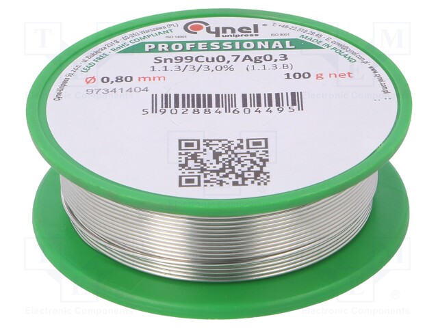 Soldering wire; Sn99Ag0,3Cu0,7; 0.8mm; 100g; lead free; 216÷227°C