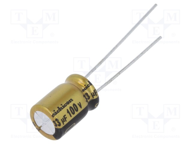 Capacitor: electrolytic; THT; 33uF; 100VDC; Ø8x11.5mm; Pitch: 3.5mm