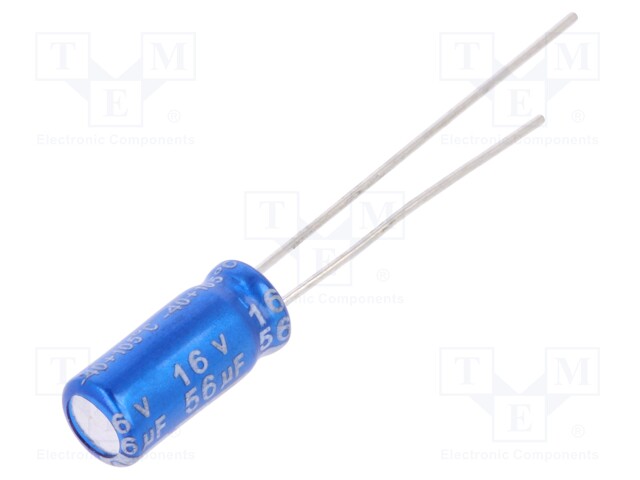 Capacitor: electrolytic; THT; 56uF; 16VDC; Ø5x11mm; Pitch: 2mm; ±20%