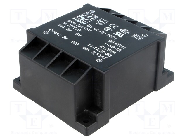 Transformer: encapsulated; 40VA; 115/115VAC; 6V; 6V; 3333mA; 3333mA