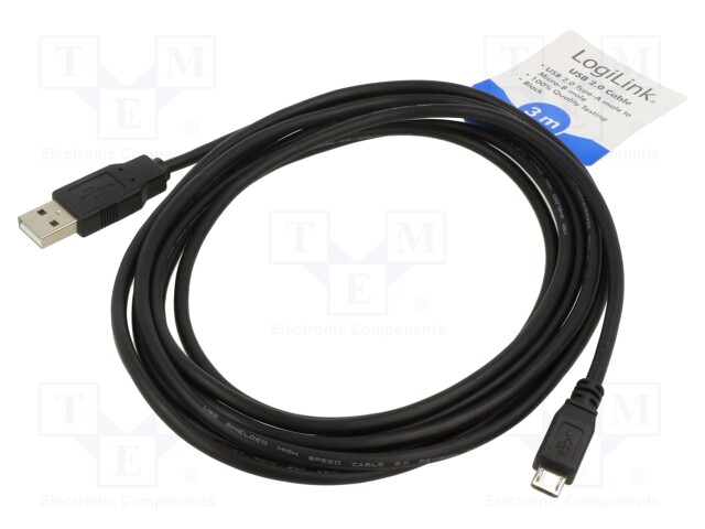 Cable; USB A plug,USB B micro plug; nickel plated; 3m; black