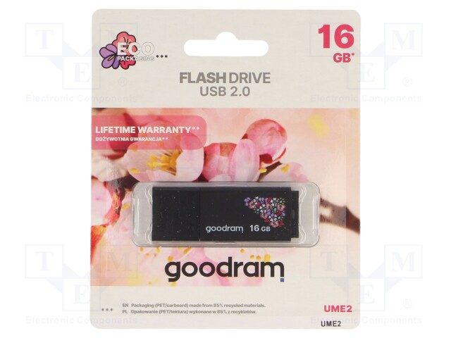 Pendrive; USB 2.0; 16GB; R: 20MB/s; W: 5MB/s; USB A; SPRING; black