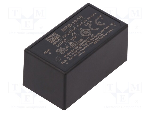 Power supply: switched-mode; modular; 10W; 15VDC; 670mA; 35g; OUT: 1