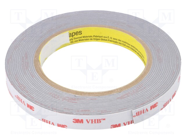Tape: fixing; W: 12mm; L: 5.5m; Thk: 1.1mm; acrylic; grey; Tmax: 149°C