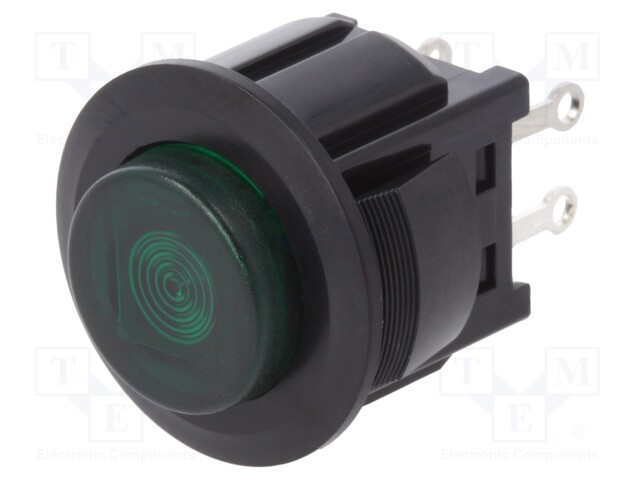 Switch: push-button; Pos: 2; SPST-NO; 3A/125VAC; green; Illumin: LED