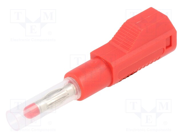 Plug; 4mm banana; 32A; red; insulated,with 4mm axial socket; 56mm