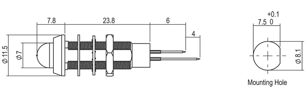 Indicator: LED; prominent; 2÷2.2VDC; Cutout: Ø8.1mm; IP67; 2pin