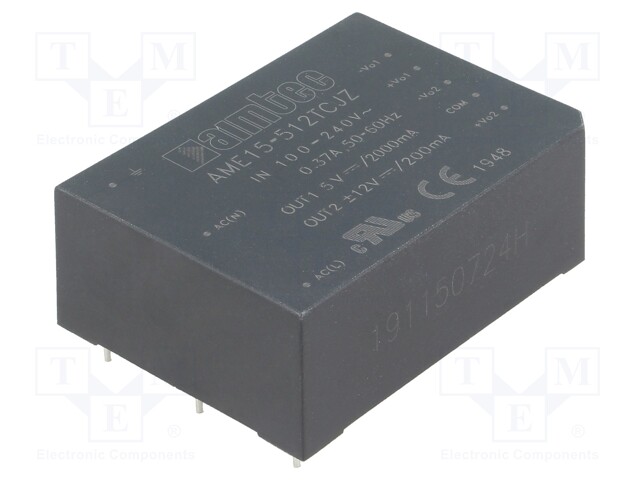 Converter: AC/DC; 15W; Uout: 5VDC; Iout: 2A; 77%; Mounting: PCB; 3kV