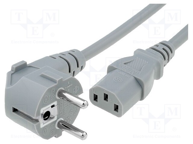 Cable; CEE 7/7 (E/F) plug angled,IEC C13 female; 1.8m; grey; PVC