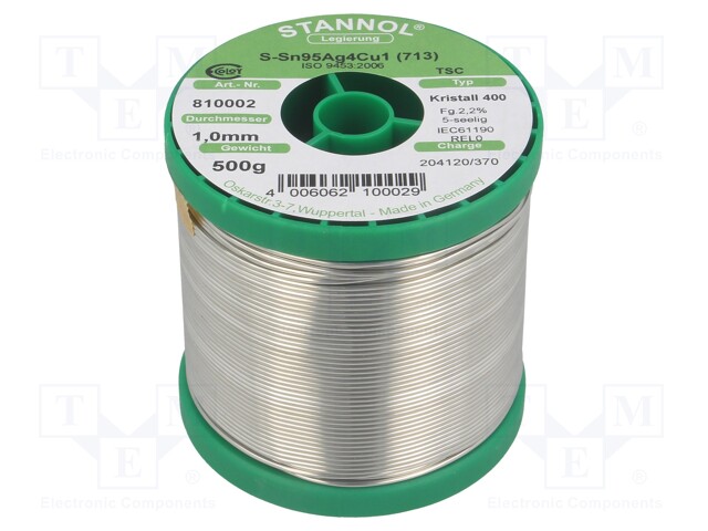 Soldering wire; Sn95Ag4Cu1; 1mm; 0.5kg; lead free; Package: reel