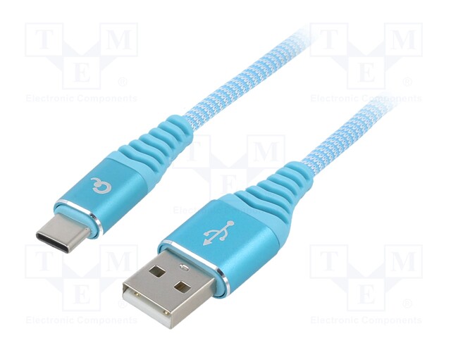 Cable; USB 2.0; USB A plug,USB C plug; gold-plated; 2m; turquoise