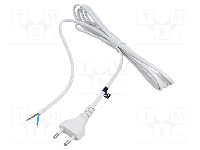 Cable; 2x0.75mm2; CEE 7/16 (C) plug,wires; PVC; 3m; white; 2.5A