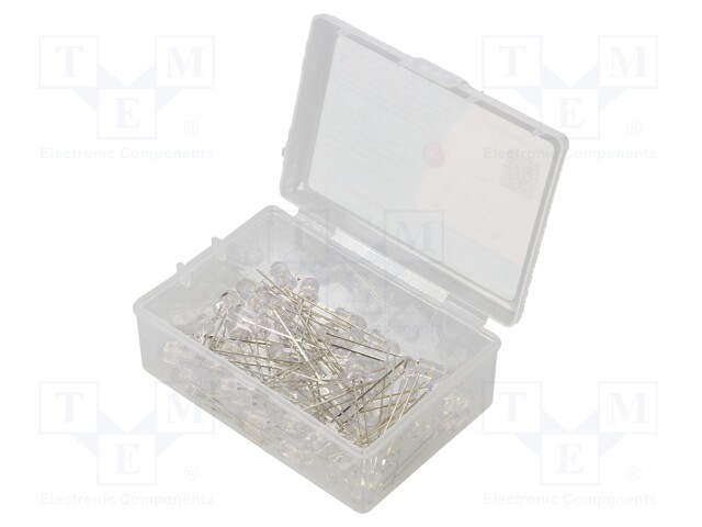 Kit: LED; 5mm; THT; 50pcs; white cold; 3÷15V; plastic box; 7.5mA; 30°