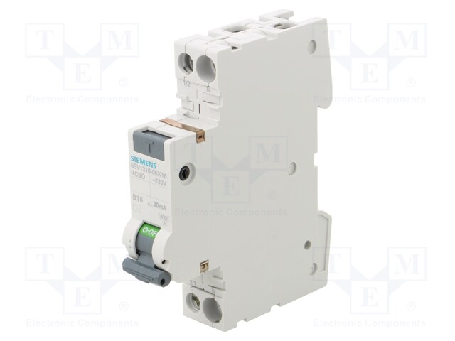 RCBO breaker; Inom: 16A; Ires: 30mA; Poles: 1+N; 230/400VAC; DIN