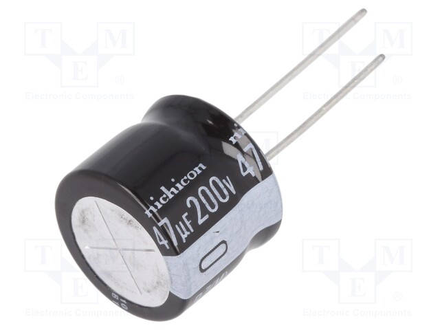 Capacitor: electrolytic; THT; 47uF; 200VDC; Ø18x15mm; Pitch: 7.5mm