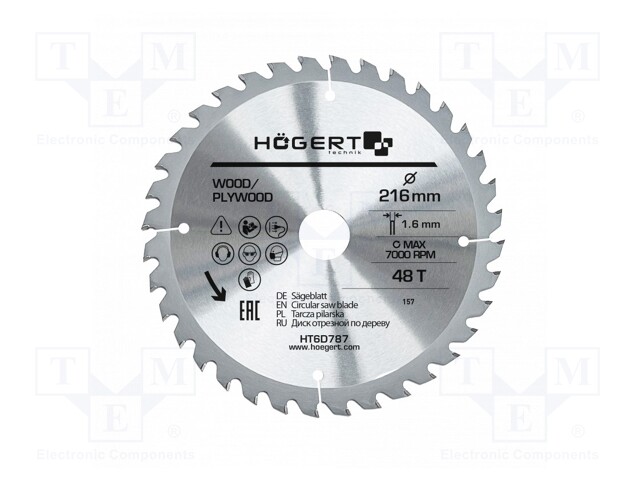 Circular saw; Ø: 216mm; Øhole: 30mm; W: 1.6mm; Teeth: 48